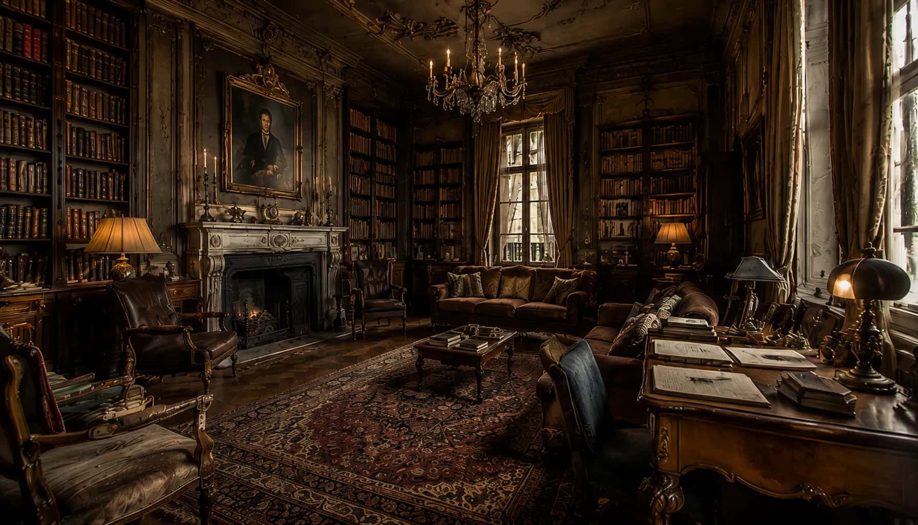 Classic study with fireplace and bookshelves before AI redesign